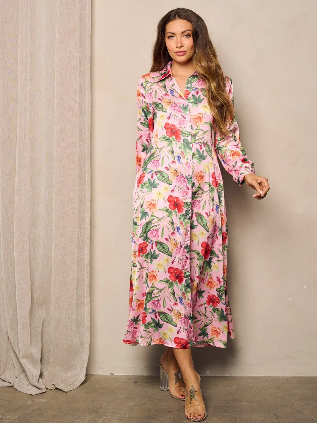 WOMEN'S LONG SLEEVE BUTTON UP FLORAL MAXI DRESS
