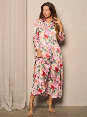 WOMEN'S LONG SLEEVE BUTTON UP FLORAL MAXI DRESS