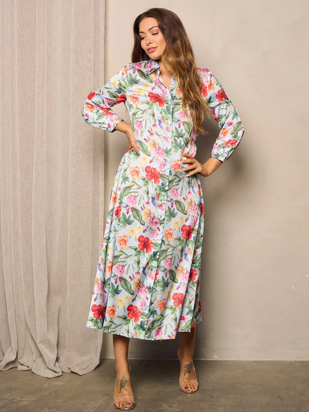 WOMEN'S LONG SLEEVE BUTTON UP FLORAL MAXI DRESS