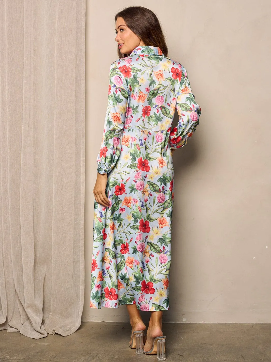 WOMEN'S LONG SLEEVE BUTTON UP FLORAL MAXI DRESS