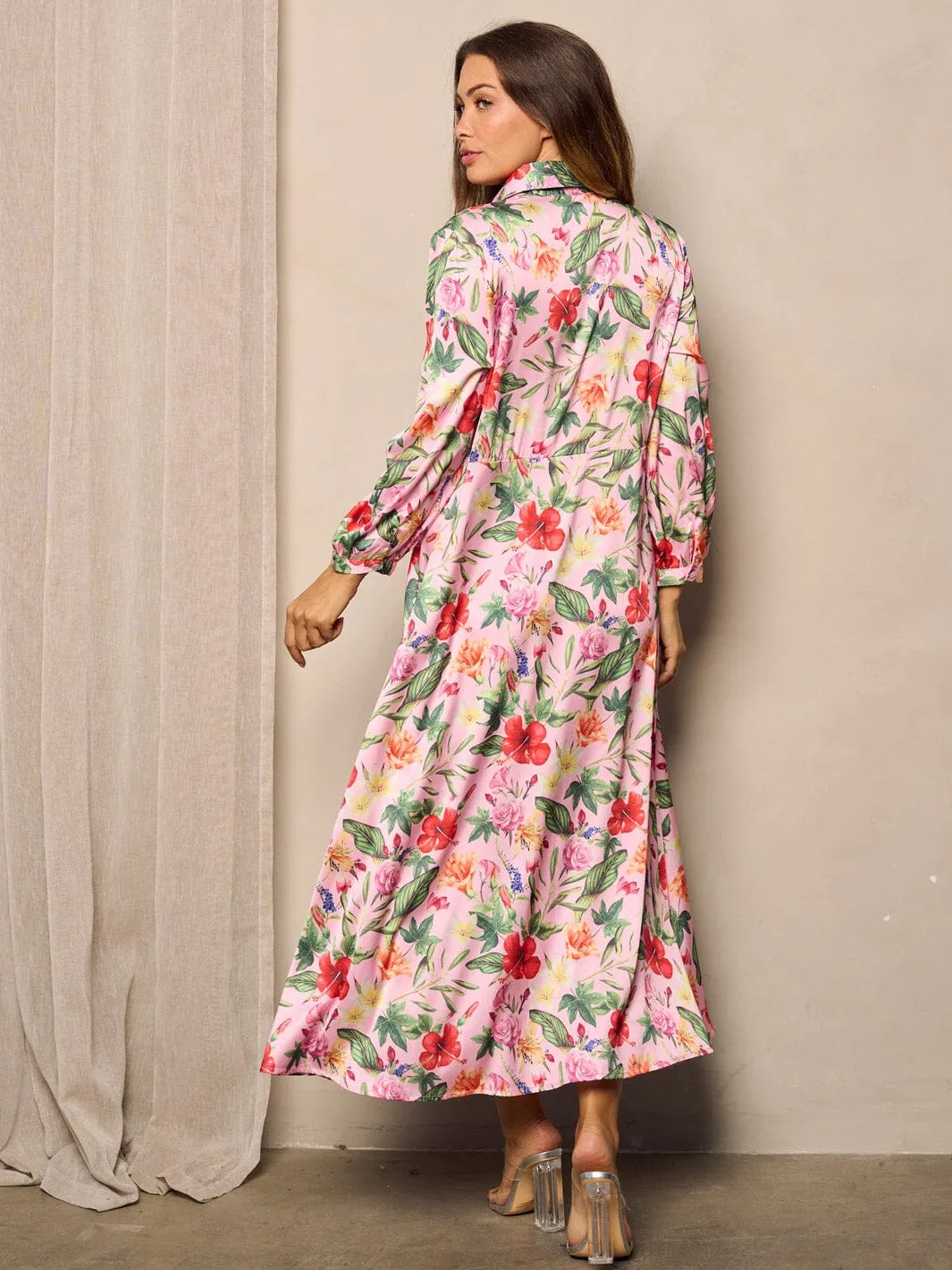 WOMEN'S LONG SLEEVE BUTTON UP FLORAL MAXI DRESS