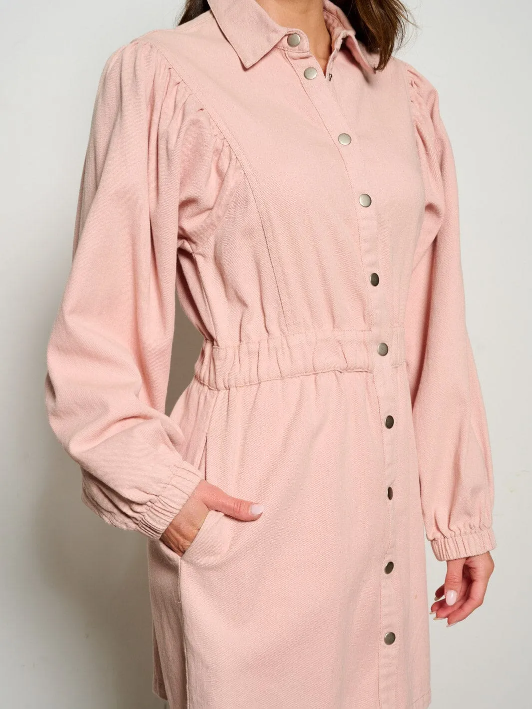 WOMEN'S LONG SLEEVE BUTTON UP FRONT POCKETS DENIM MINI DRESS