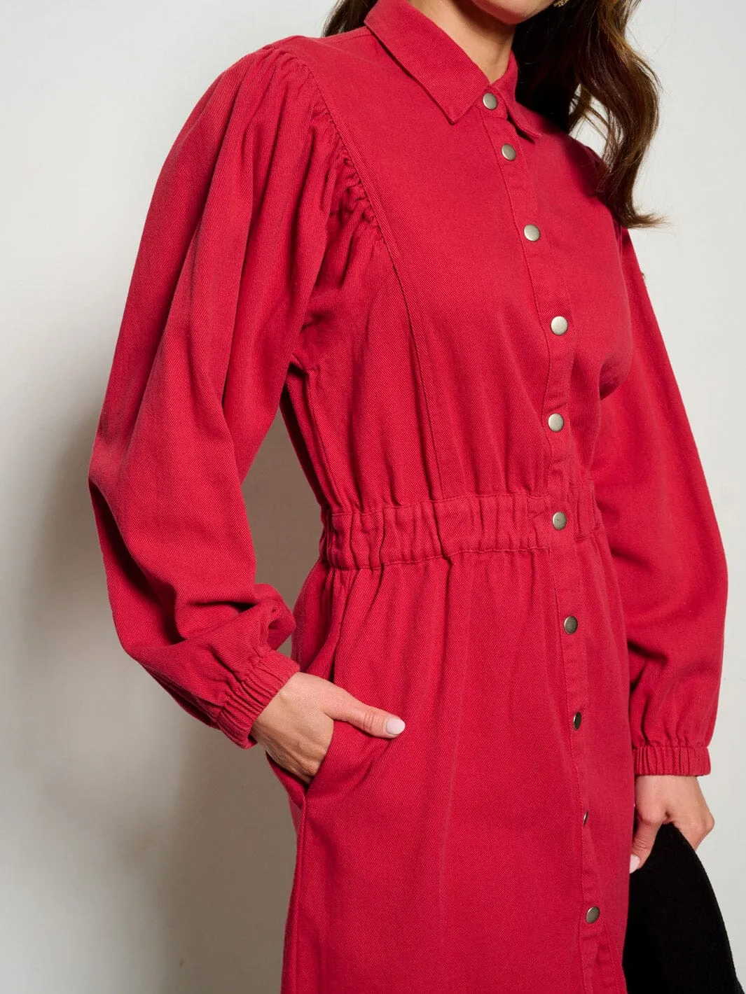 WOMEN'S LONG SLEEVE BUTTON UP FRONT POCKETS DENIM MINI DRESS