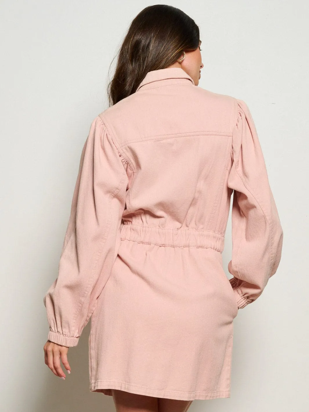 WOMEN'S LONG SLEEVE BUTTON UP FRONT POCKETS DENIM MINI DRESS