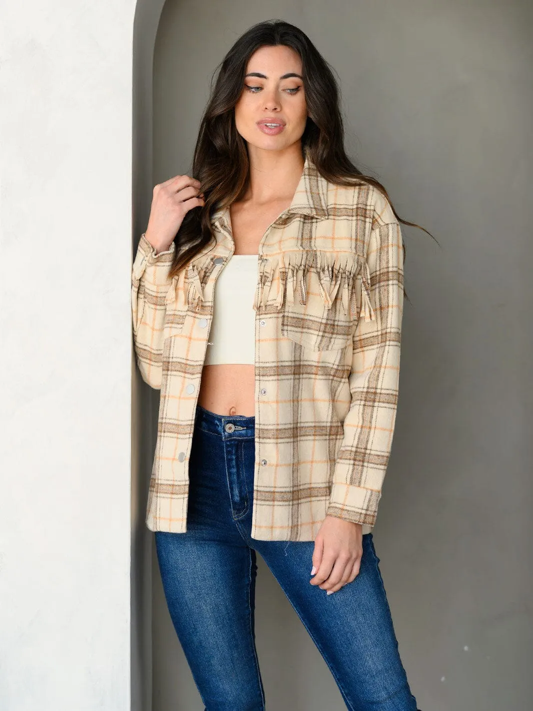 WOMEN'S LONG SLEEVE BUTTON UP PLAID JACKET