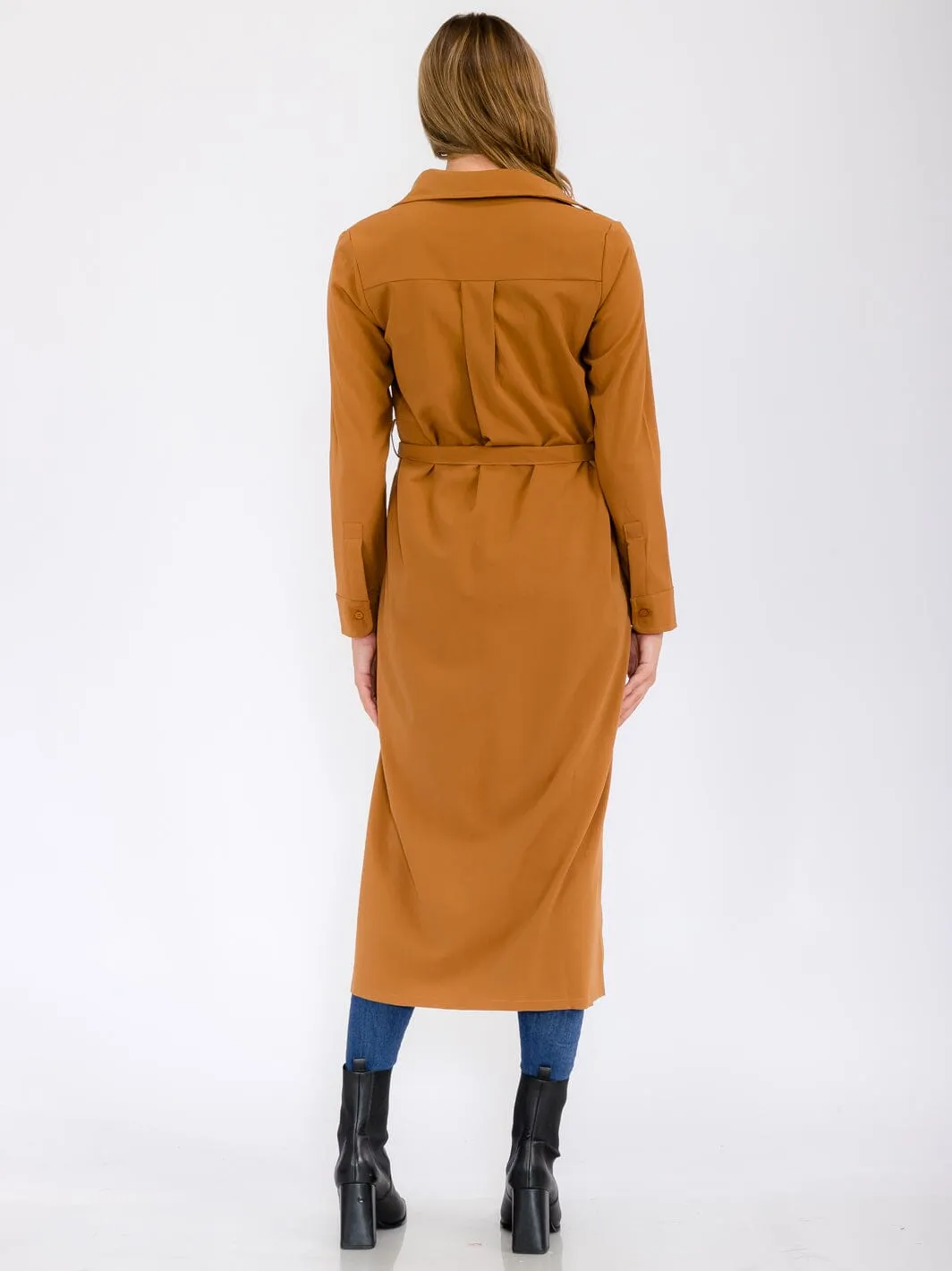 WOMEN'S LONG SLEEVE BUTTON UP SELF TIE FRONT POCKETS MAXI DRESS