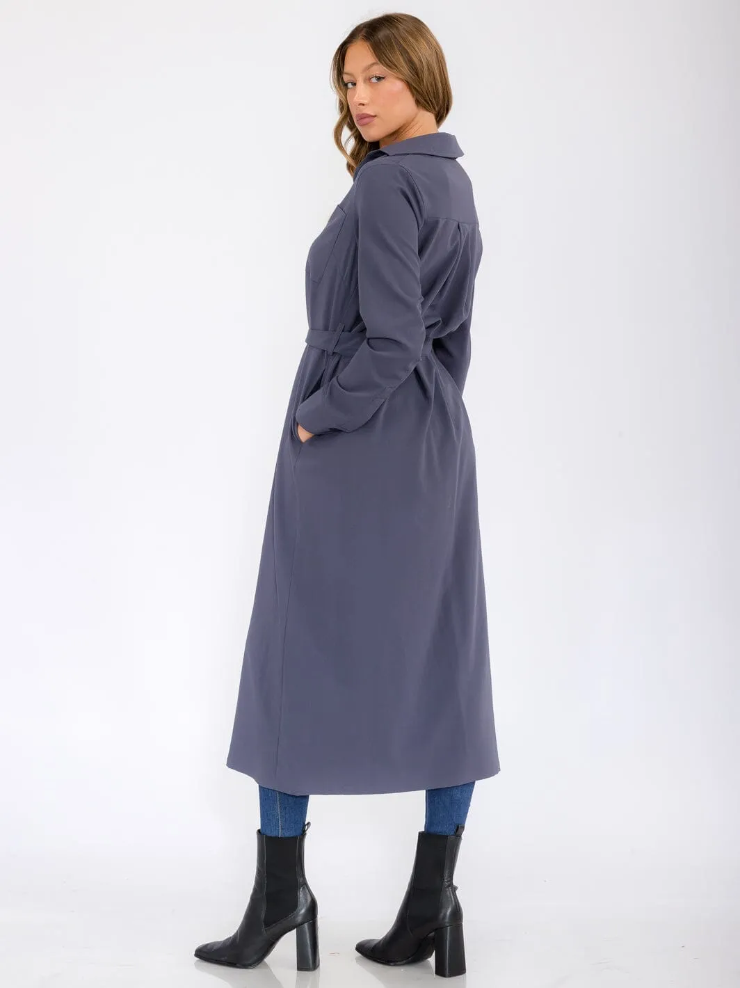WOMEN'S LONG SLEEVE BUTTON UP SELF TIE FRONT POCKETS MAXI DRESS