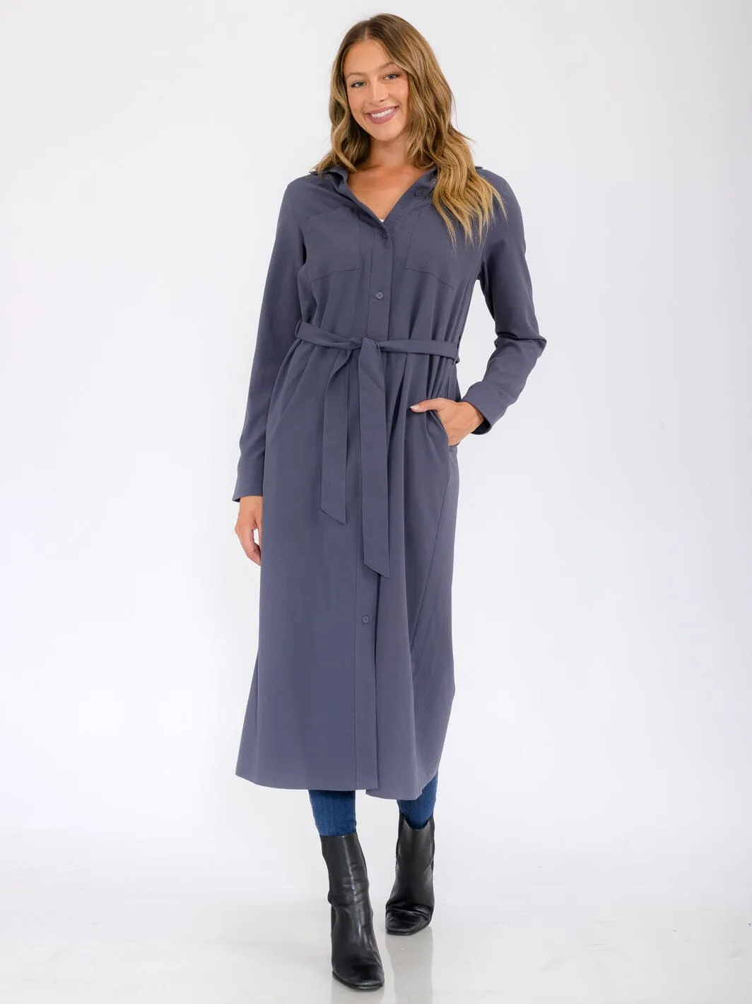 WOMEN'S LONG SLEEVE BUTTON UP SELF TIE FRONT POCKETS MAXI DRESS