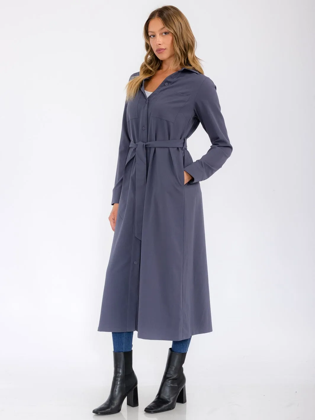 WOMEN'S LONG SLEEVE BUTTON UP SELF TIE FRONT POCKETS MAXI DRESS