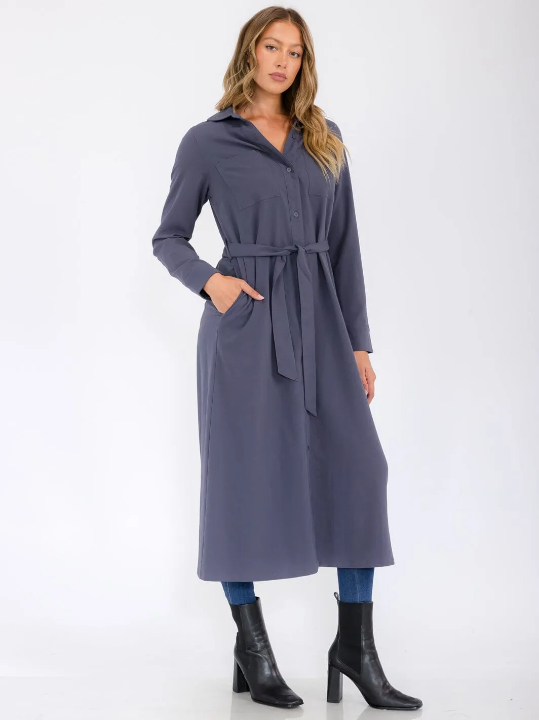 WOMEN'S LONG SLEEVE BUTTON UP SELF TIE FRONT POCKETS MAXI DRESS