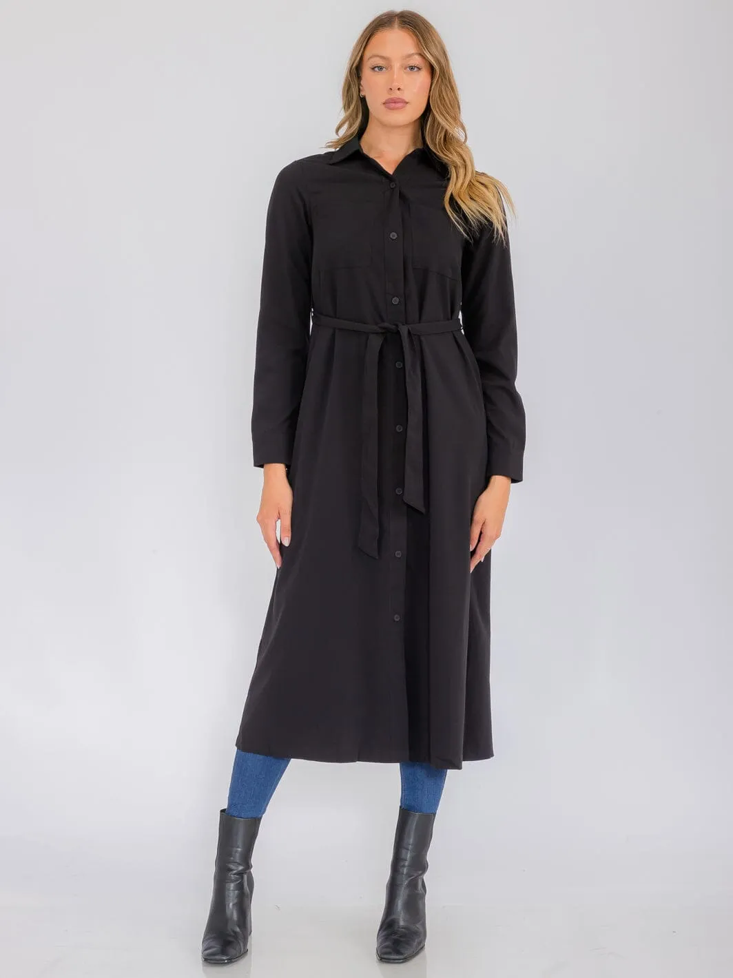 WOMEN'S LONG SLEEVE BUTTON UP SELF TIE FRONT POCKETS MAXI DRESS