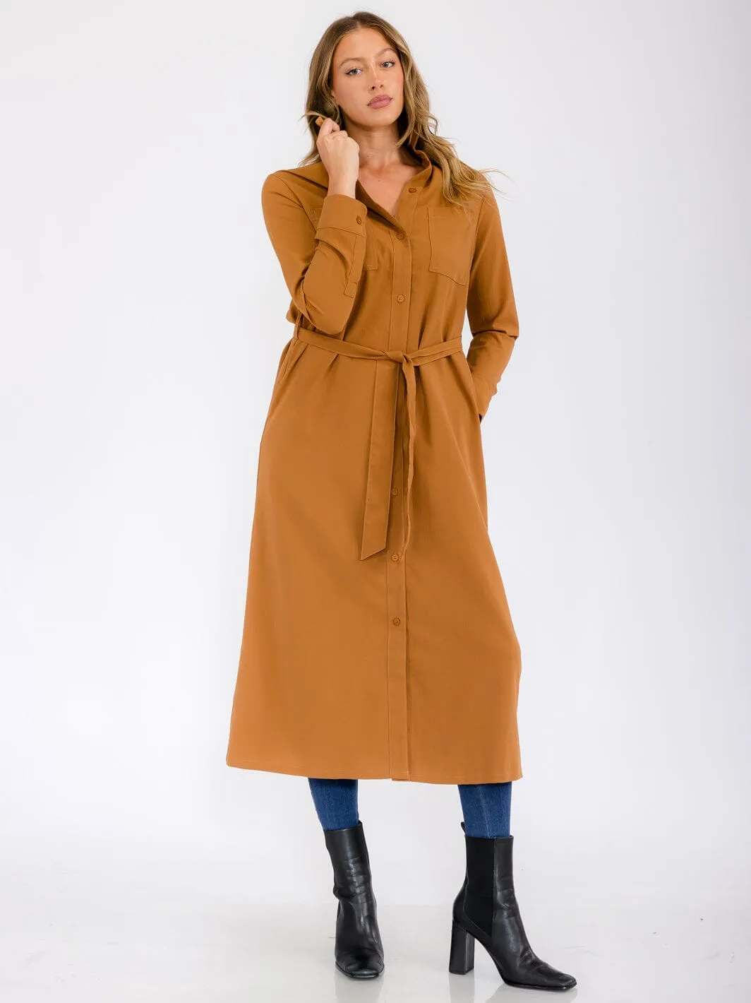 WOMEN'S LONG SLEEVE BUTTON UP SELF TIE FRONT POCKETS MAXI DRESS