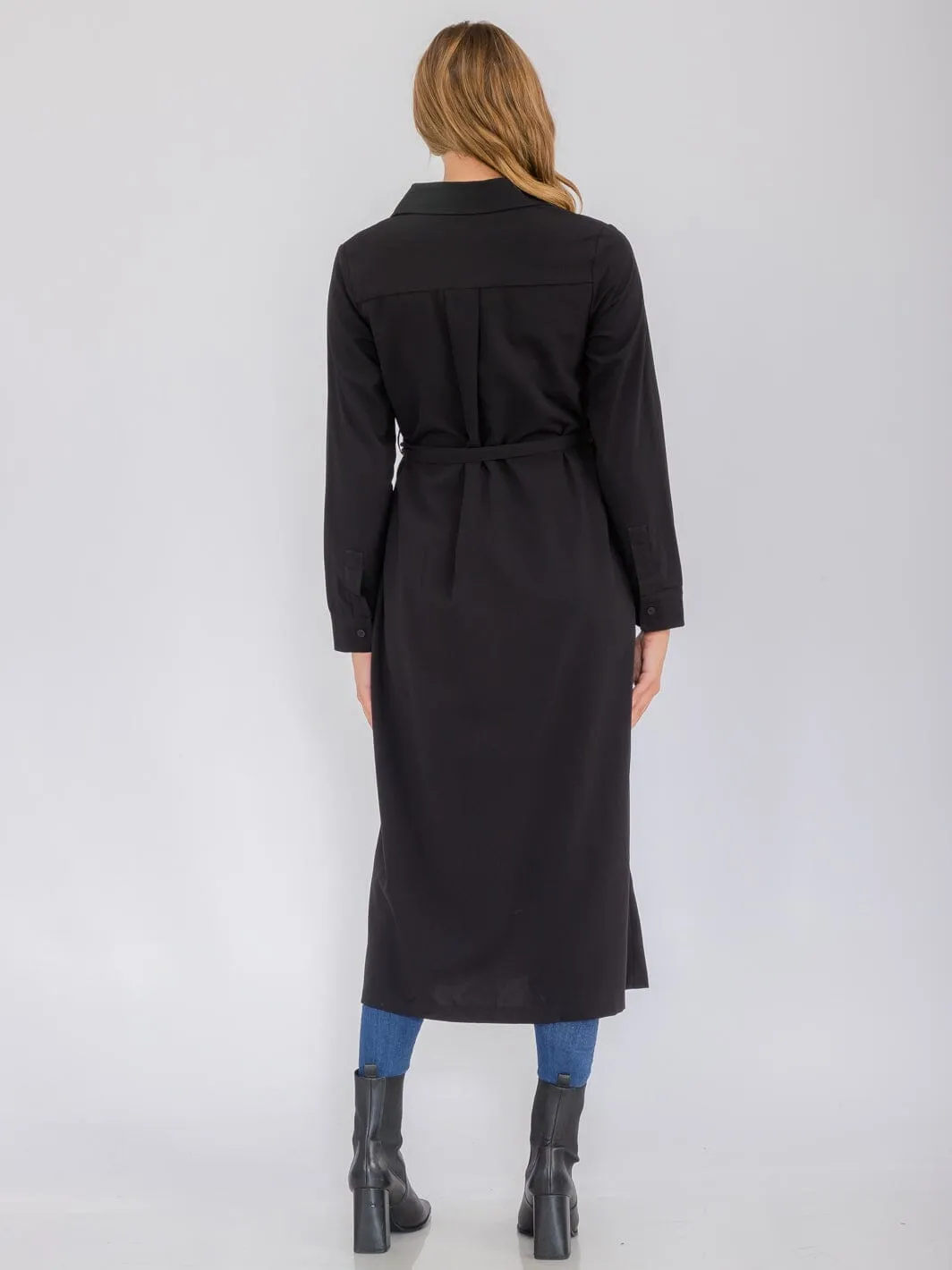 WOMEN'S LONG SLEEVE BUTTON UP SELF TIE FRONT POCKETS MAXI DRESS