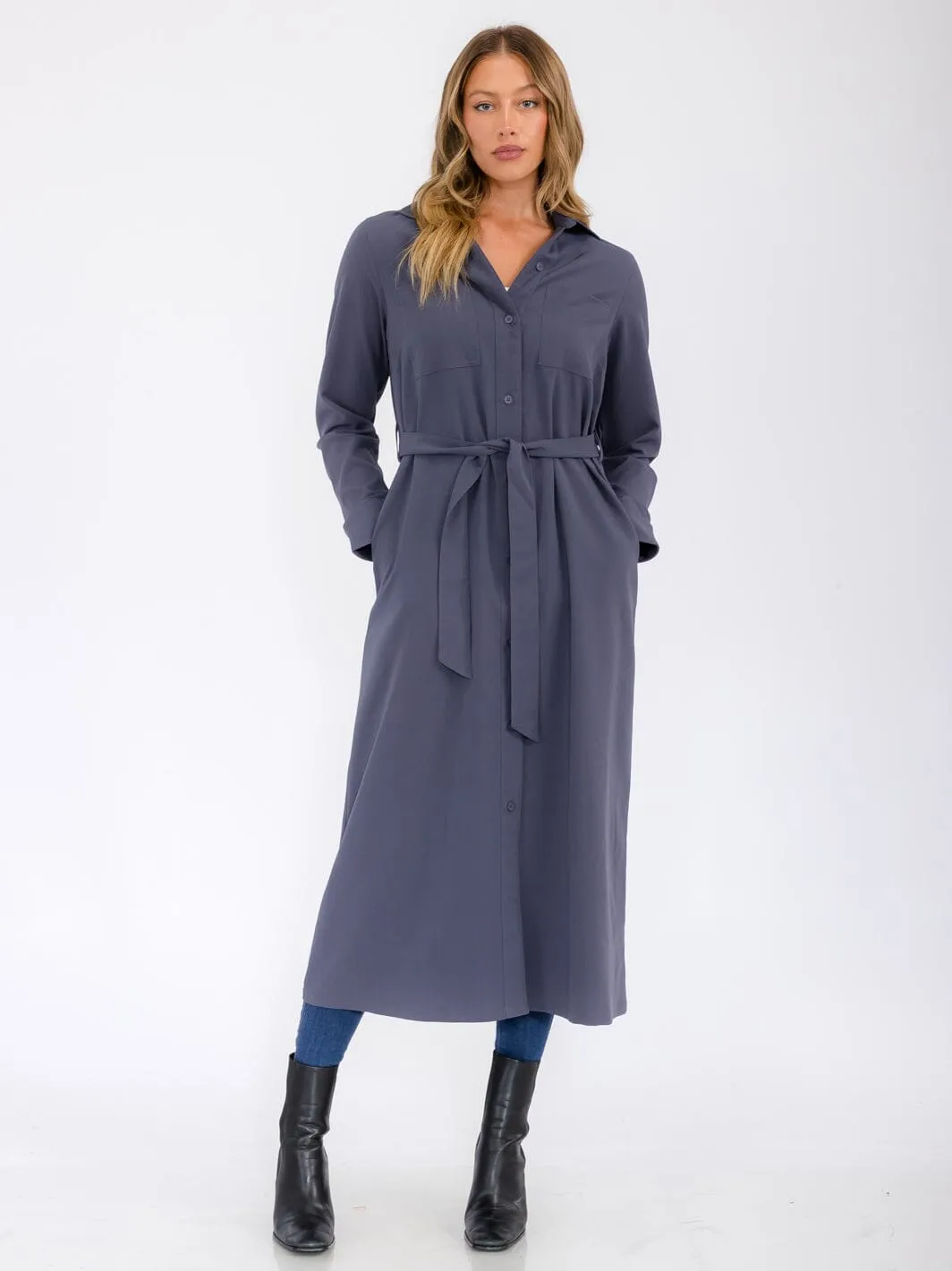 WOMEN'S LONG SLEEVE BUTTON UP SELF TIE FRONT POCKETS MAXI DRESS
