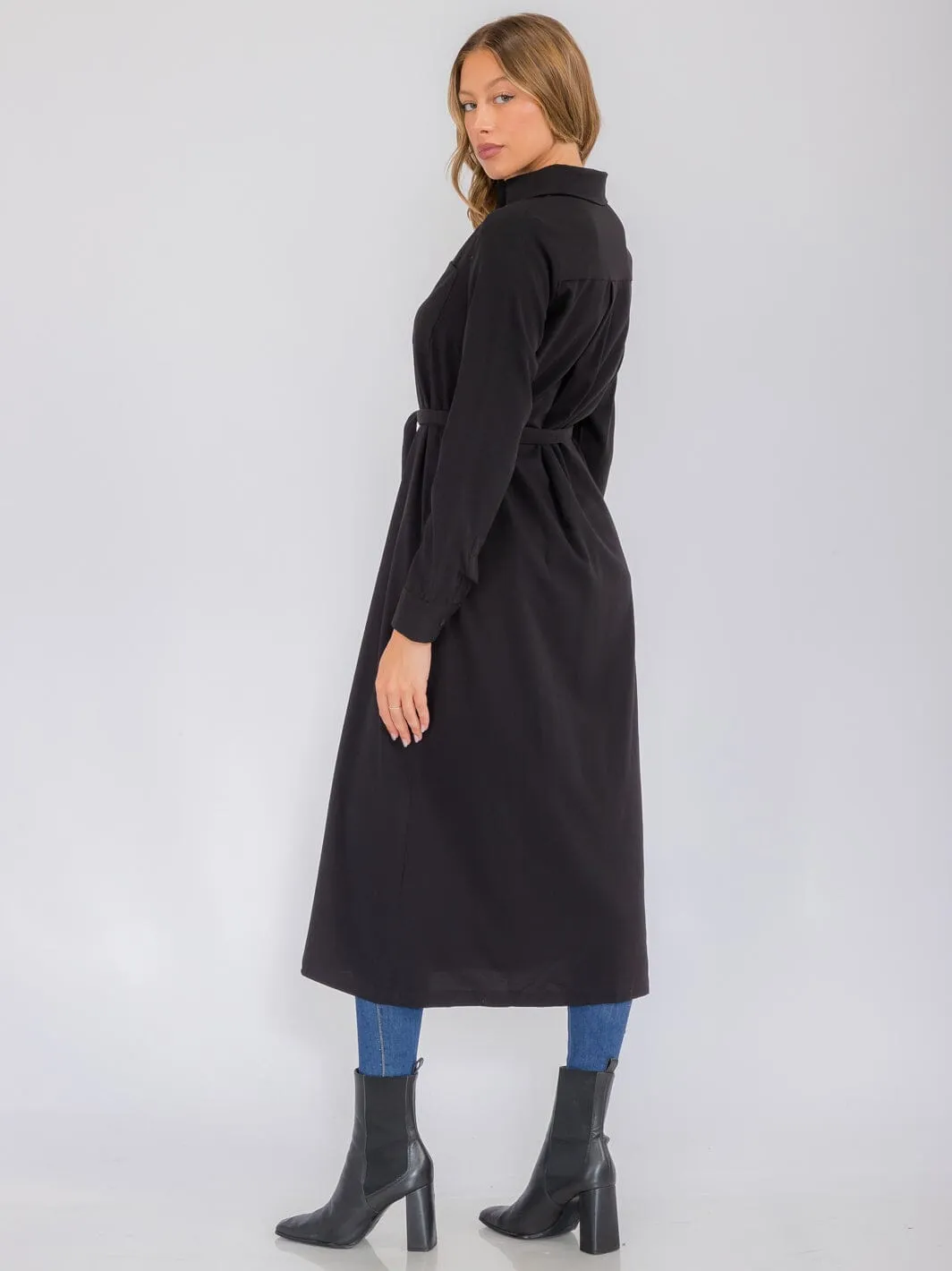 WOMEN'S LONG SLEEVE BUTTON UP SELF TIE FRONT POCKETS MAXI DRESS