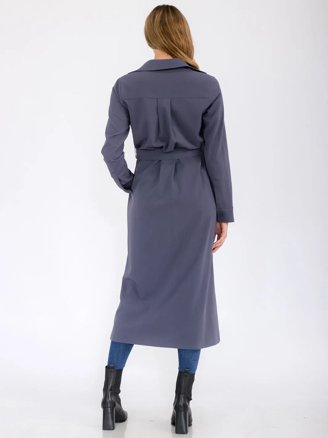 WOMEN'S LONG SLEEVE BUTTON UP SELF TIE FRONT POCKETS MAXI DRESS