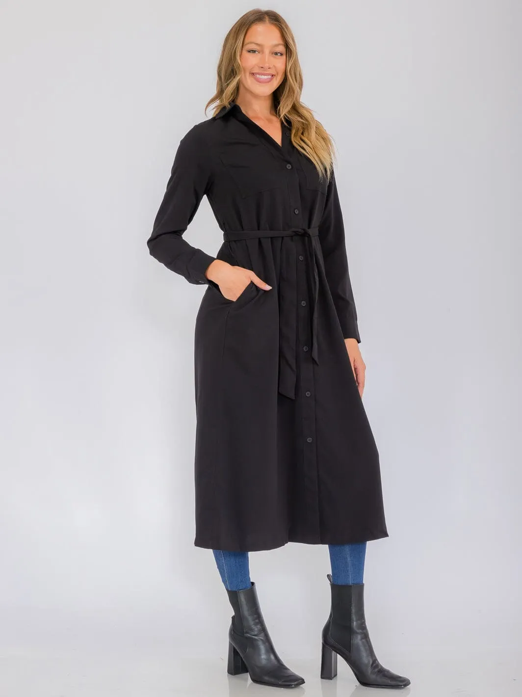WOMEN'S LONG SLEEVE BUTTON UP SELF TIE FRONT POCKETS MAXI DRESS