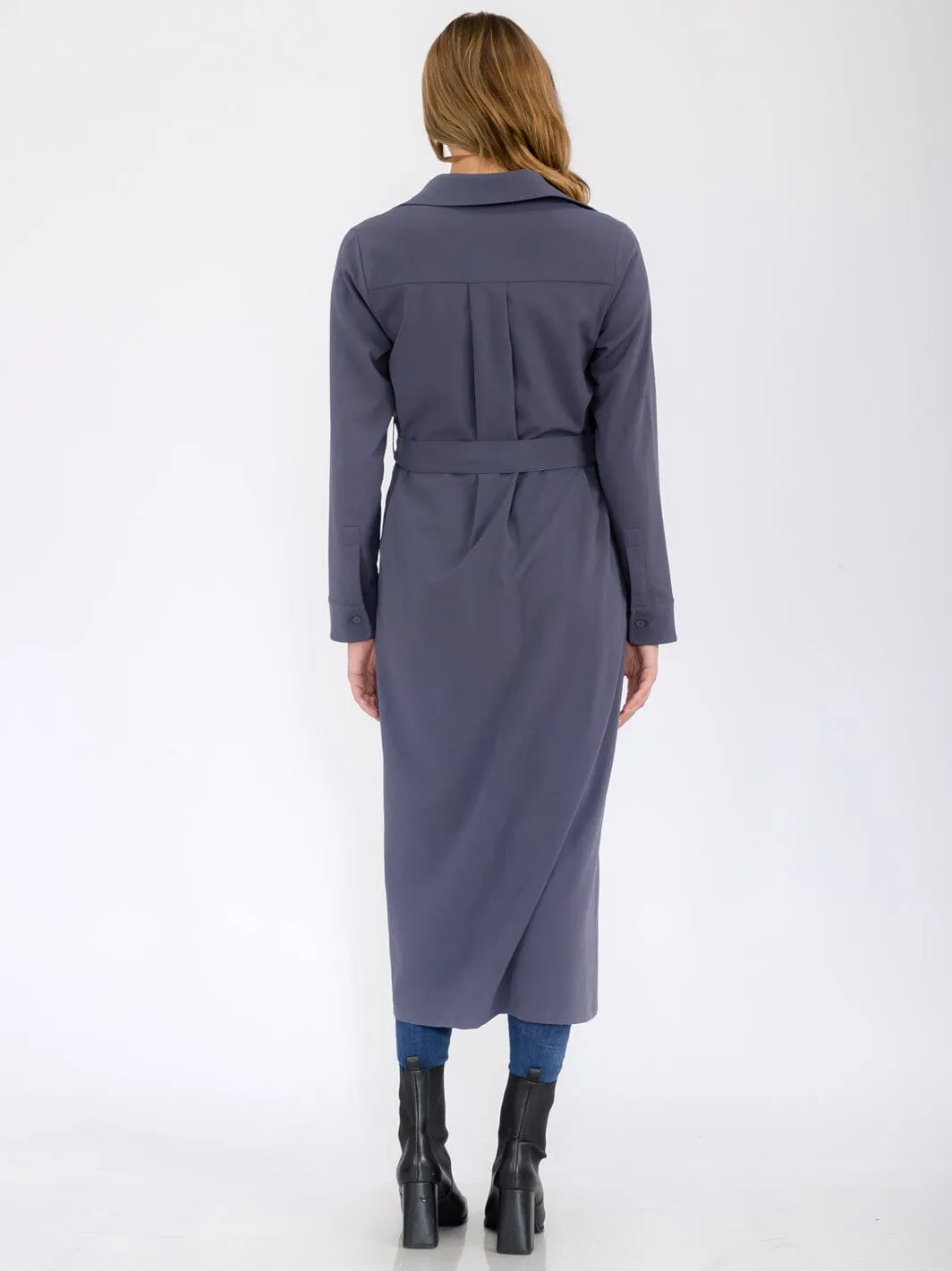 WOMEN'S LONG SLEEVE BUTTON UP SELF TIE FRONT POCKETS MAXI DRESS