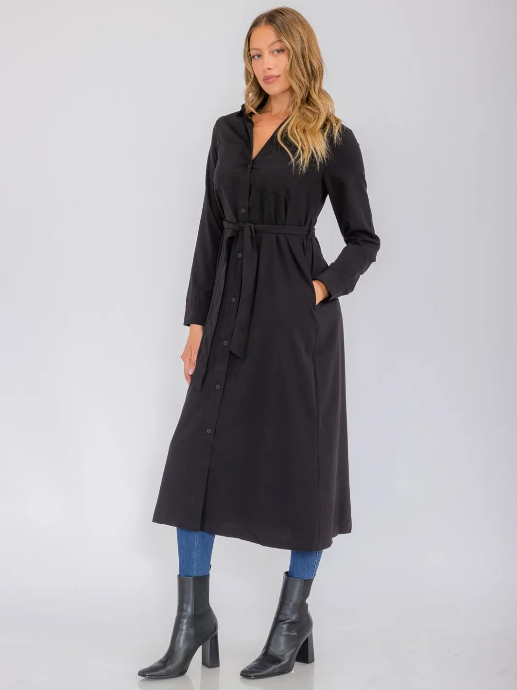 WOMEN'S LONG SLEEVE BUTTON UP SELF TIE FRONT POCKETS MAXI DRESS
