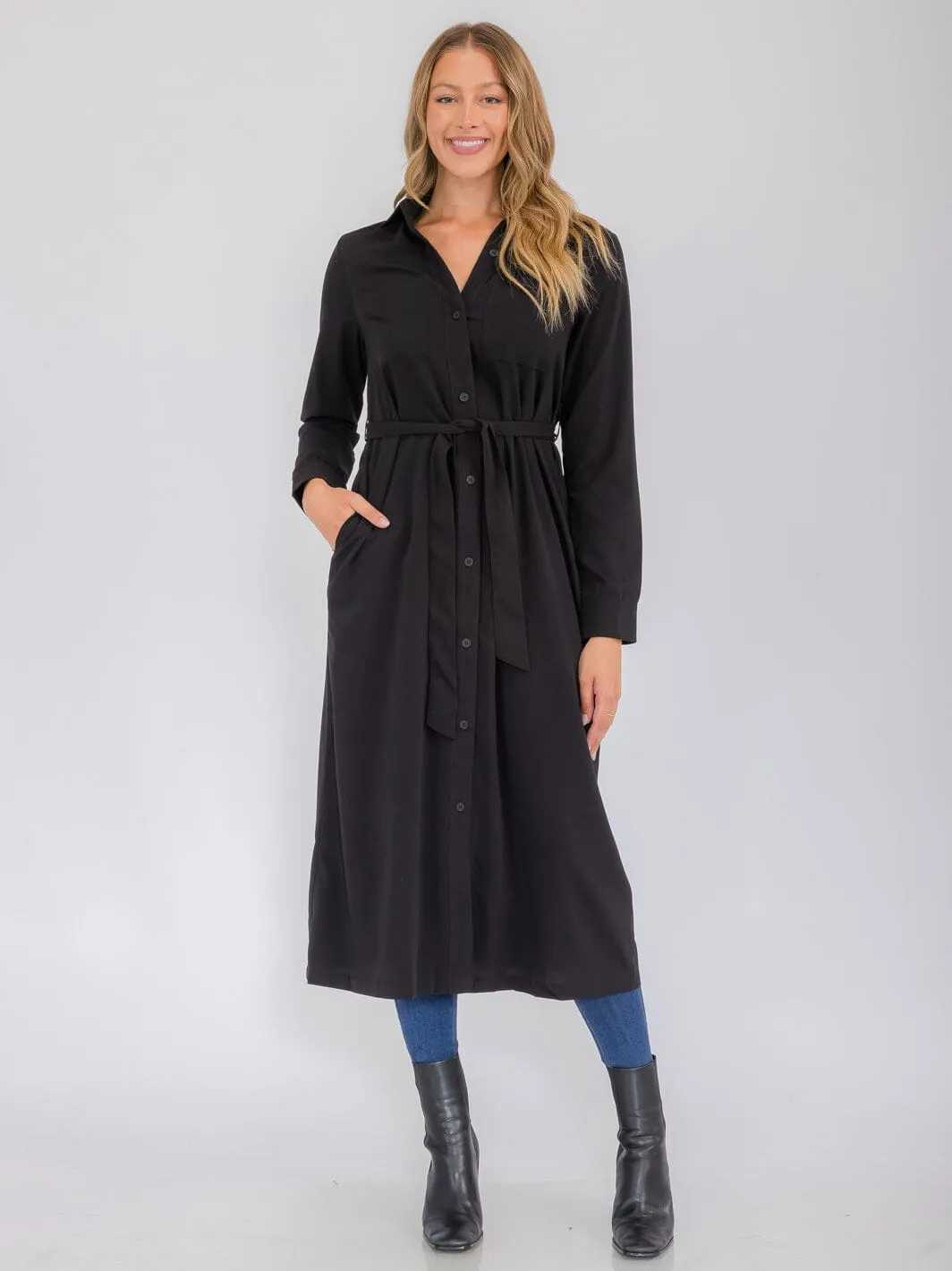 WOMEN'S LONG SLEEVE BUTTON UP SELF TIE FRONT POCKETS MAXI DRESS