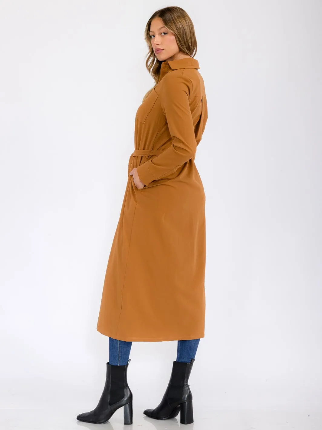 WOMEN'S LONG SLEEVE BUTTON UP SELF TIE FRONT POCKETS MAXI DRESS