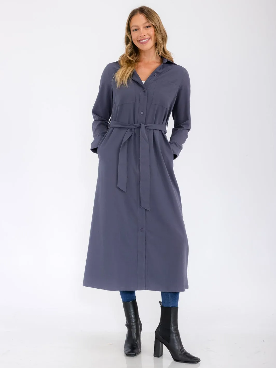 WOMEN'S LONG SLEEVE BUTTON UP SELF TIE FRONT POCKETS MAXI DRESS