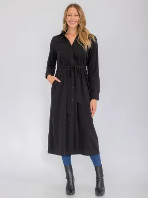 WOMEN'S LONG SLEEVE BUTTON UP SELF TIE FRONT POCKETS MAXI DRESS
