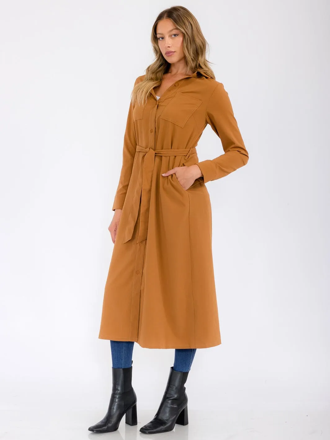 WOMEN'S LONG SLEEVE BUTTON UP SELF TIE FRONT POCKETS MAXI DRESS