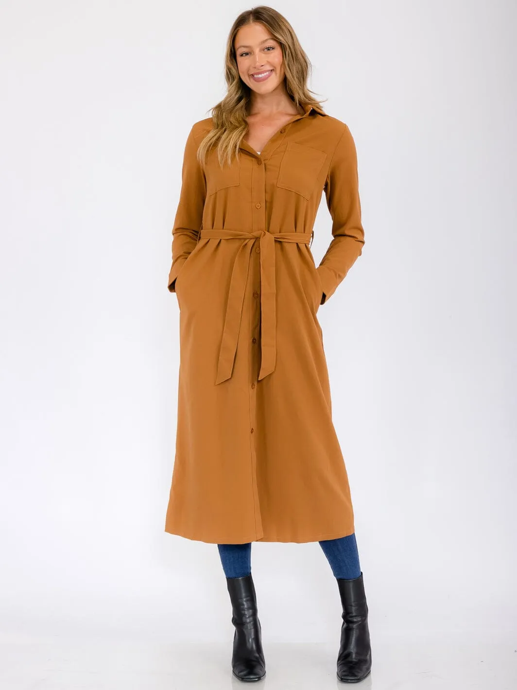 WOMEN'S LONG SLEEVE BUTTON UP SELF TIE FRONT POCKETS MAXI DRESS