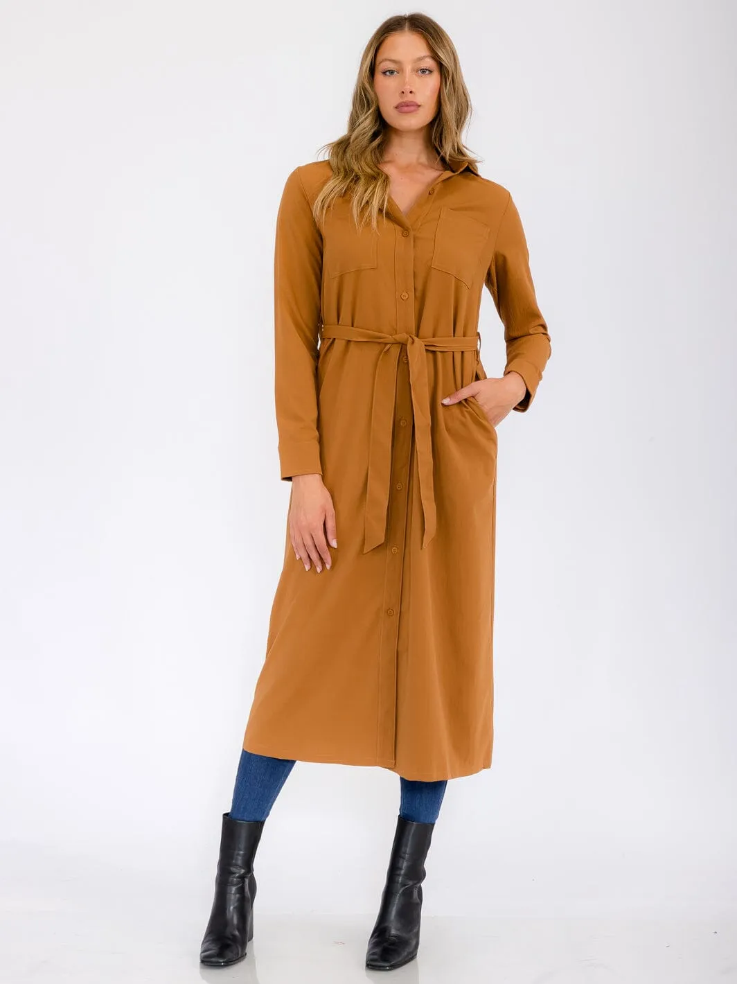 WOMEN'S LONG SLEEVE BUTTON UP SELF TIE FRONT POCKETS MAXI DRESS
