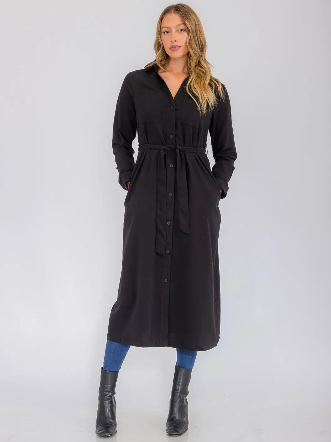 WOMEN'S LONG SLEEVE BUTTON UP SELF TIE FRONT POCKETS MAXI DRESS