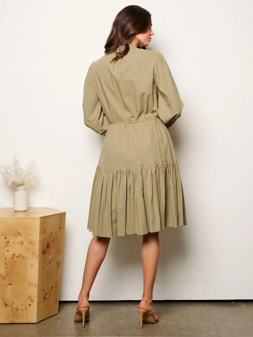 WOMEN'S LONG SLEEVE BUTTON UP SELF TIE MINI DRESS