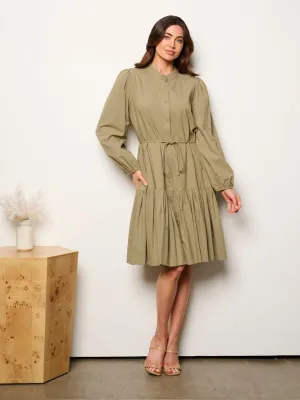 WOMEN'S LONG SLEEVE BUTTON UP SELF TIE MINI DRESS