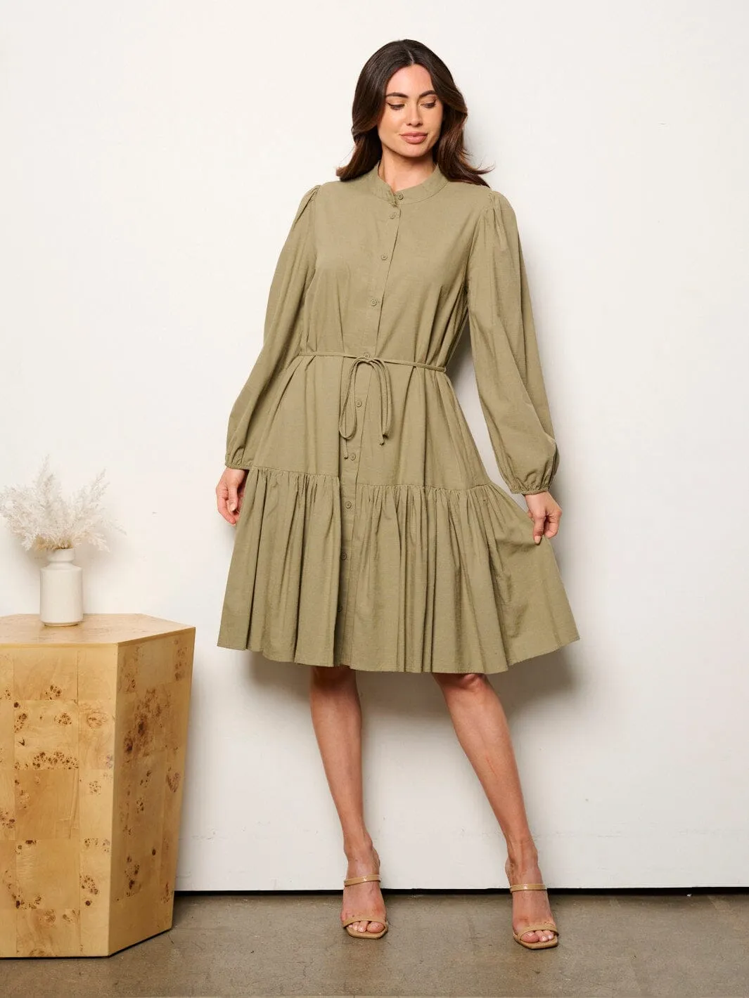 WOMEN'S LONG SLEEVE BUTTON UP SELF TIE MINI DRESS