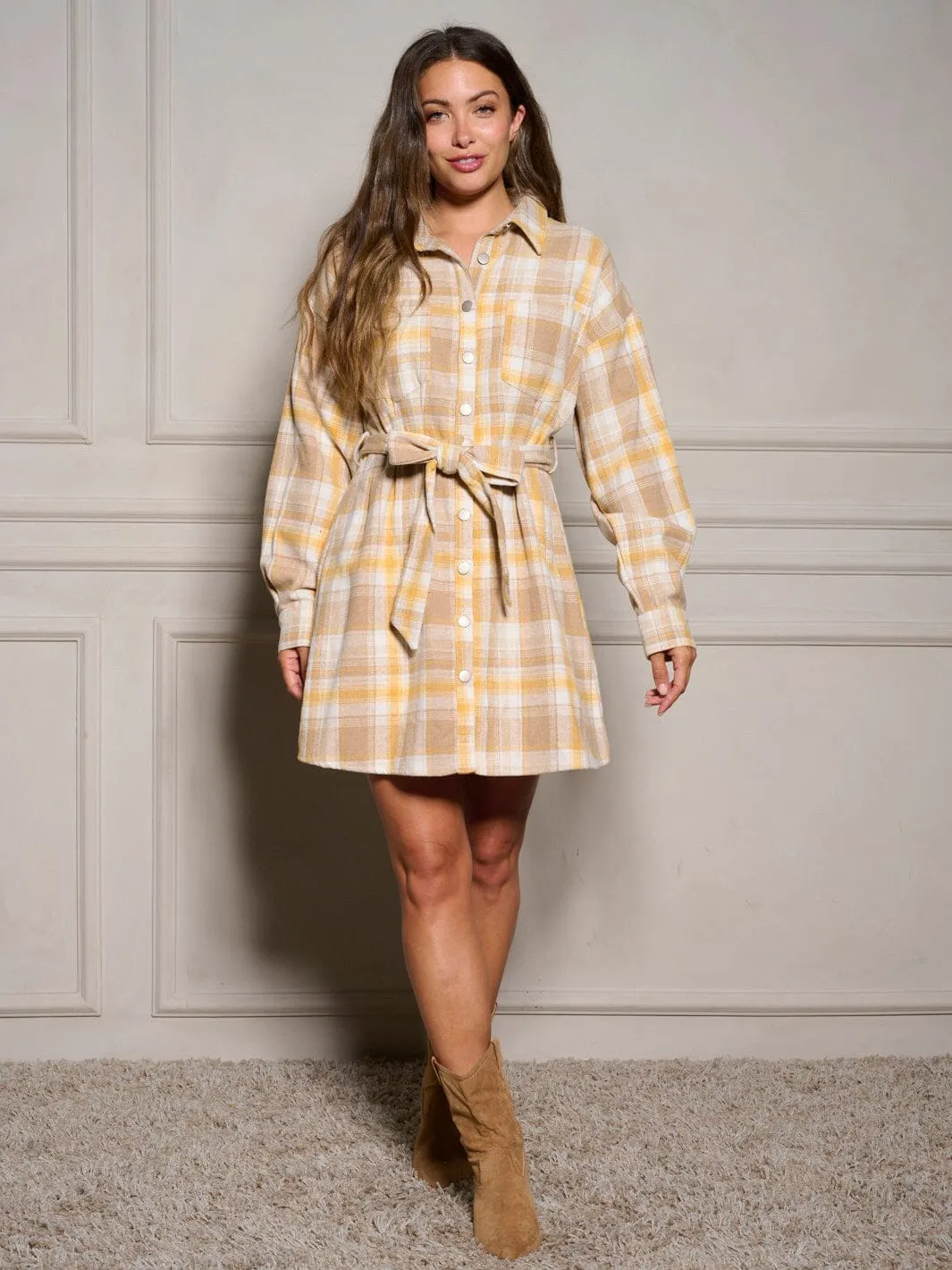 WOMEN'S LONG SLEEVE BUTTON UP SELF TIE PLAID MINI DRESS