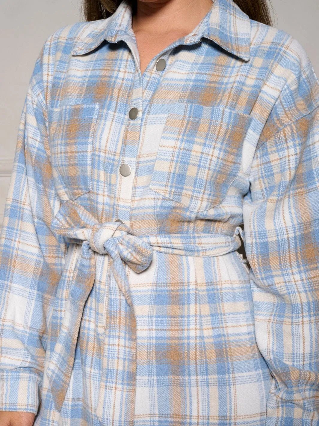 WOMEN'S LONG SLEEVE BUTTON UP SELF TIE PLAID MINI DRESS