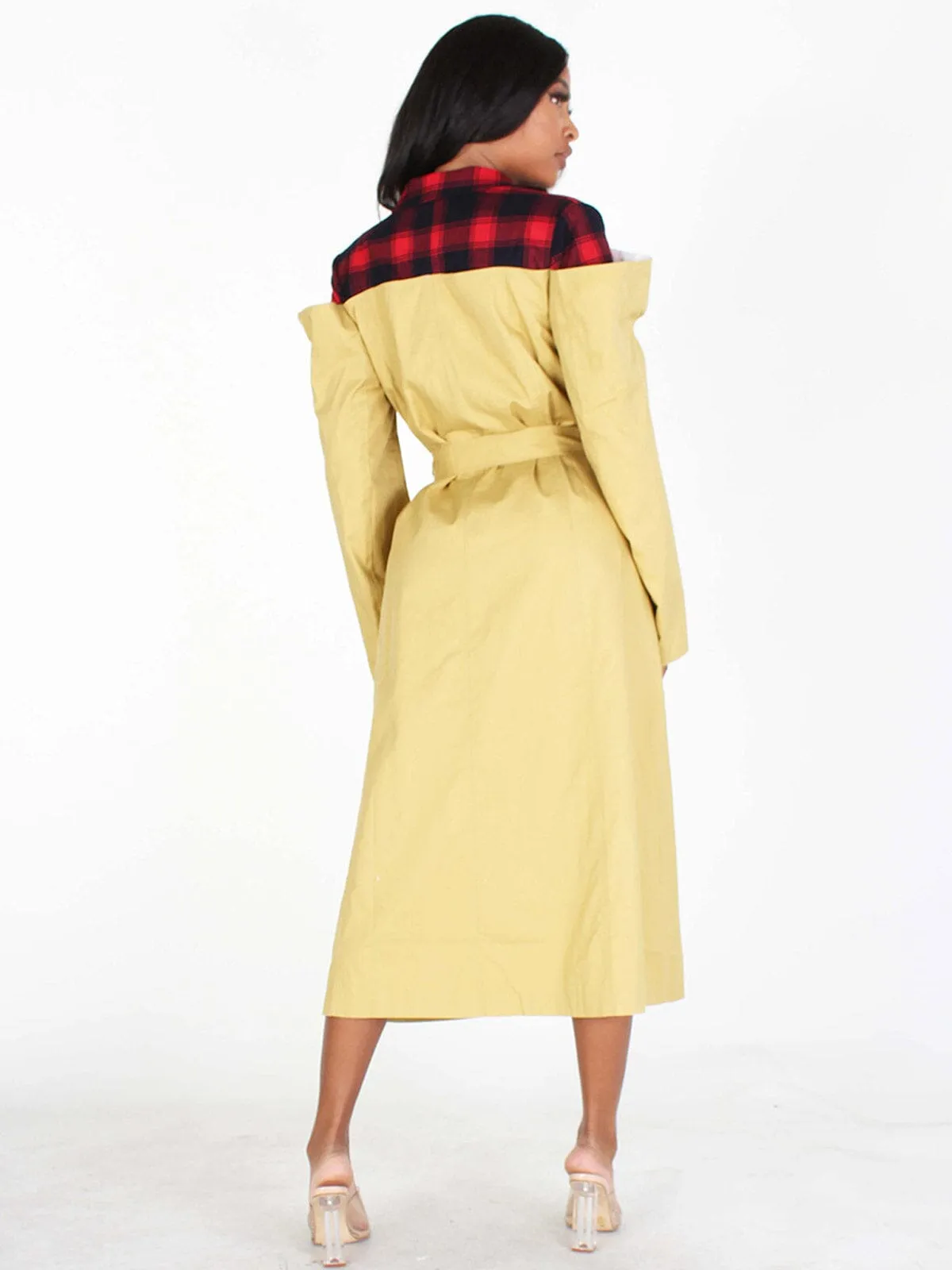 WOMEN'S LONG SLEEVE BUTTON UP SELF TIE POCKETS PLAID DETAILED MIDI DRESS