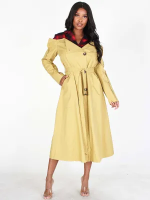 WOMEN'S LONG SLEEVE BUTTON UP SELF TIE POCKETS PLAID DETAILED MIDI DRESS