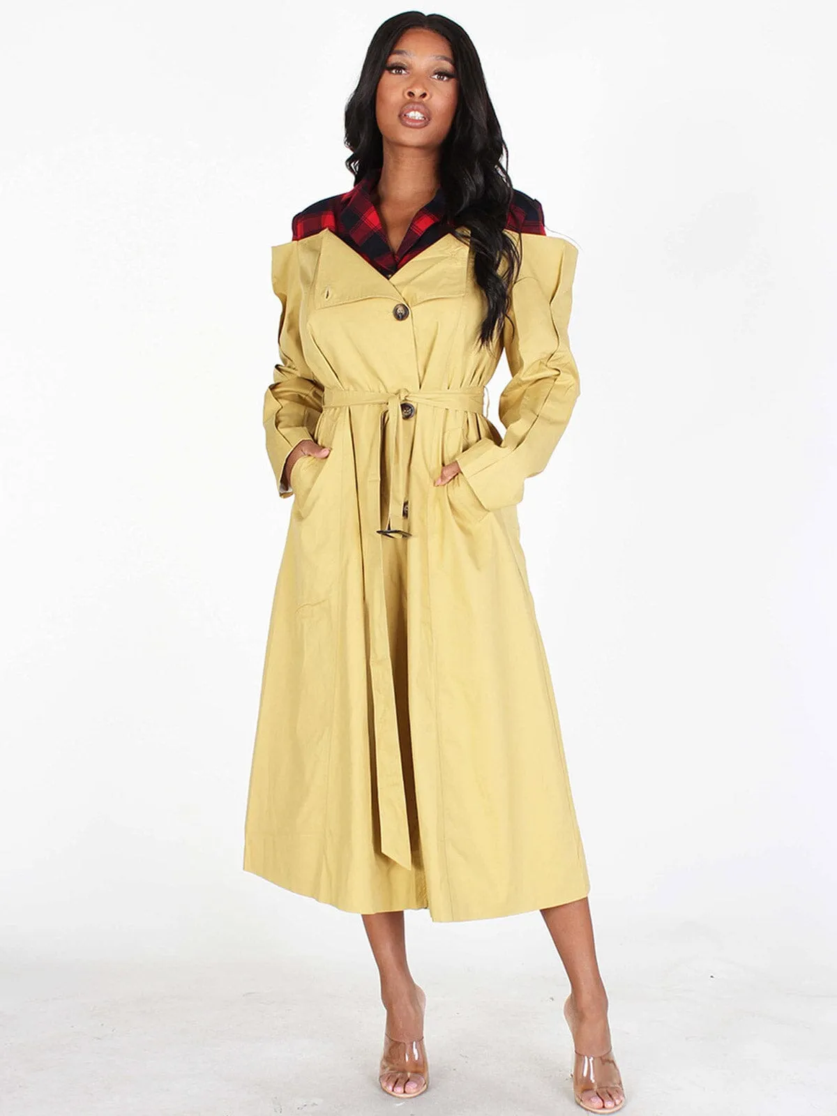 WOMEN'S LONG SLEEVE BUTTON UP SELF TIE POCKETS PLAID DETAILED MIDI DRESS