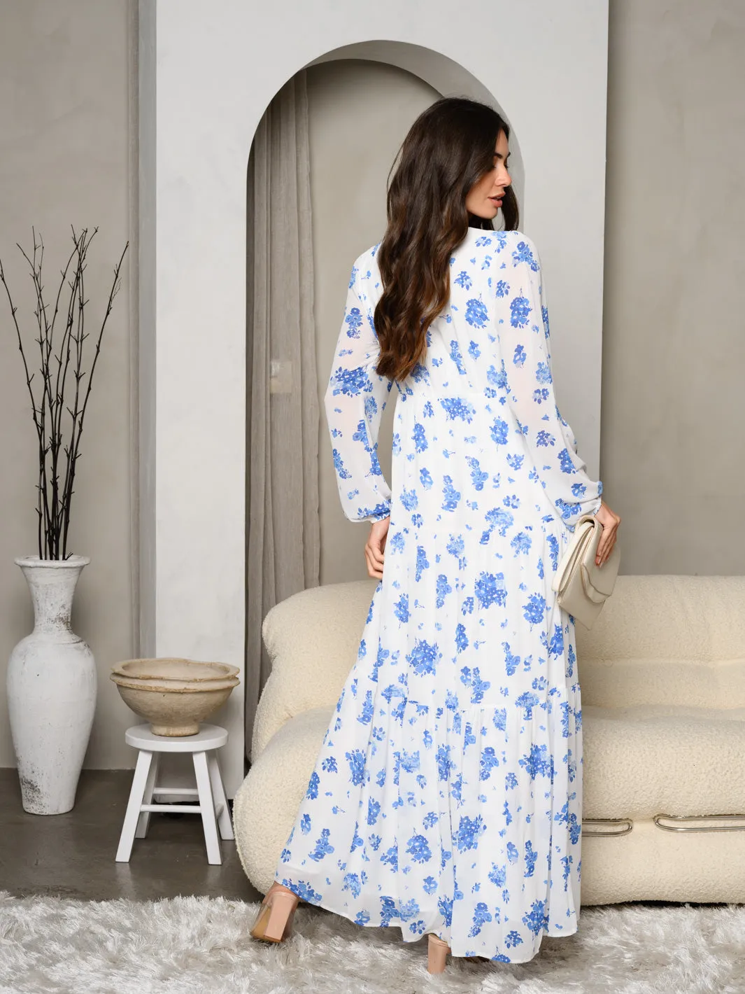 WOMEN'S LONG SLEEVE BUTTON UP TIERED FLORAL MAXI DRESS