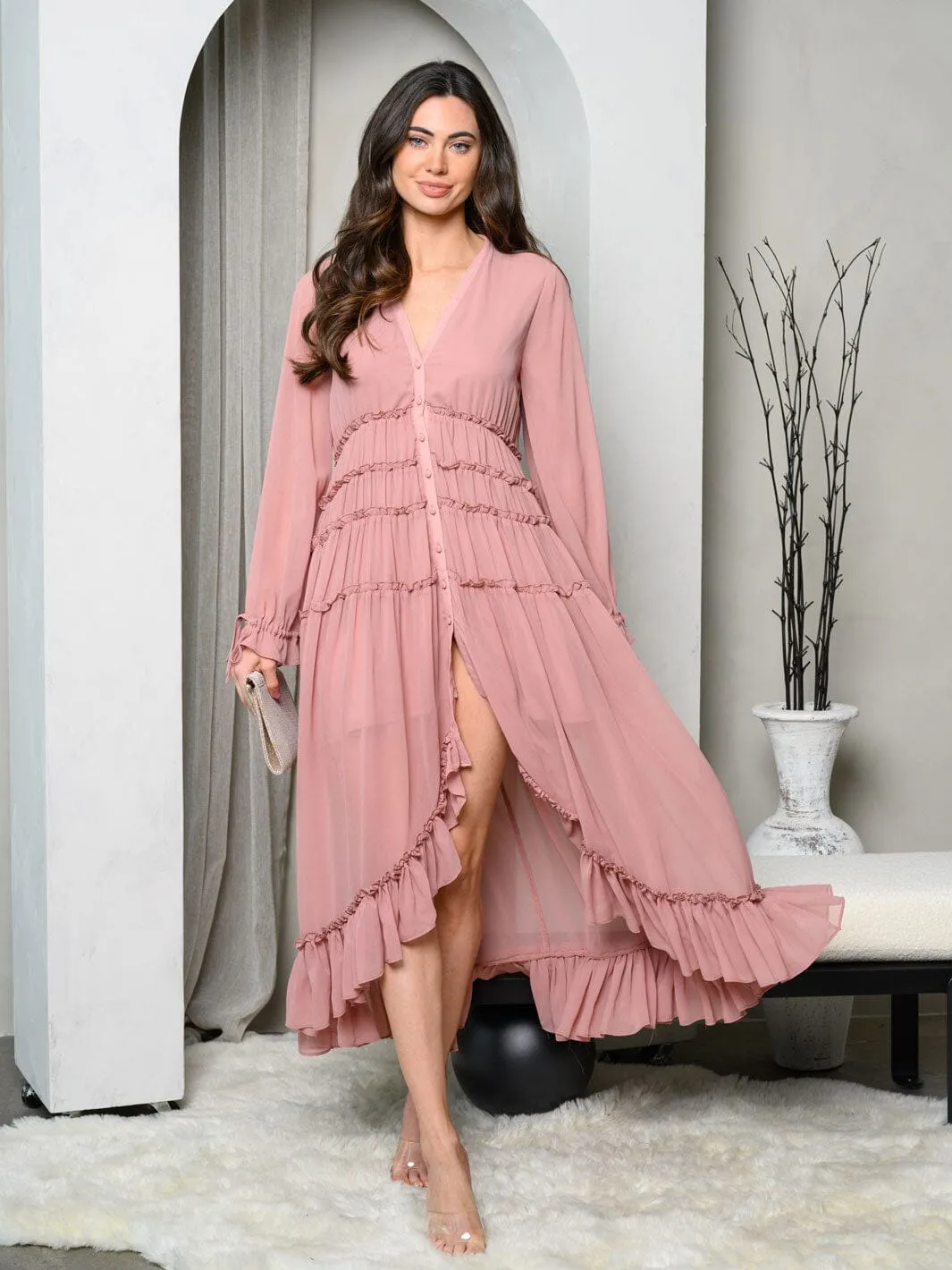 WOMEN'S LONG SLEEVE BUTTON UP TIERED RUFFLE MAXI DRESS