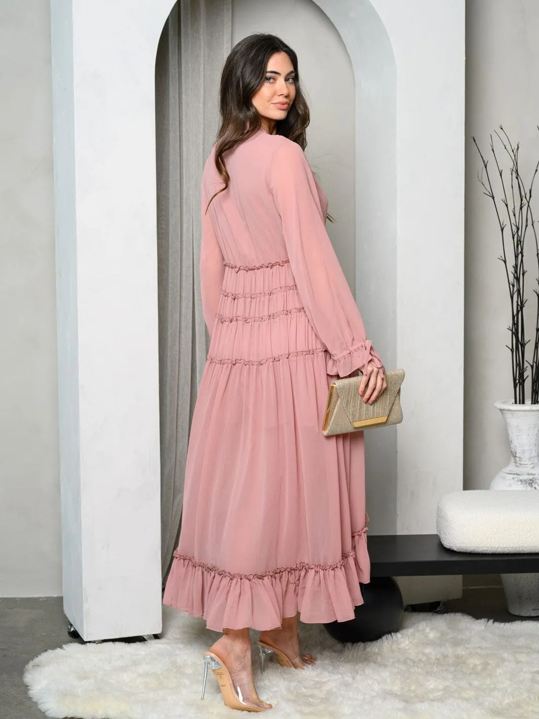 WOMEN'S LONG SLEEVE BUTTON UP TIERED RUFFLE MAXI DRESS