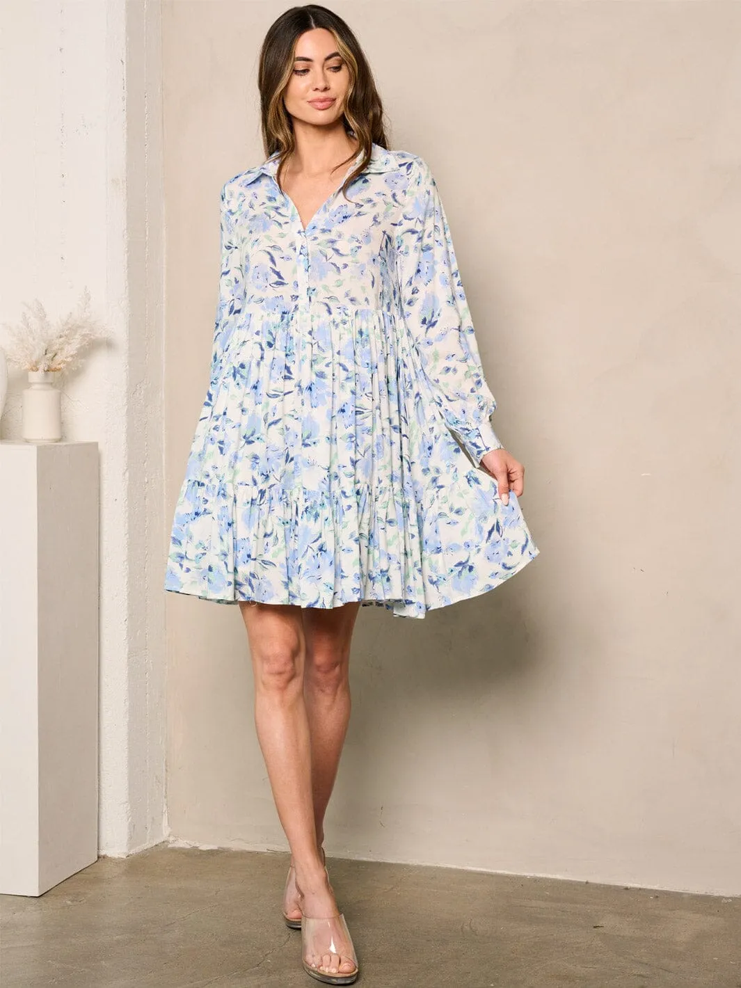 WOMEN'S LONG SLEEVE FLORAL BUTTON UP MINI DRESS