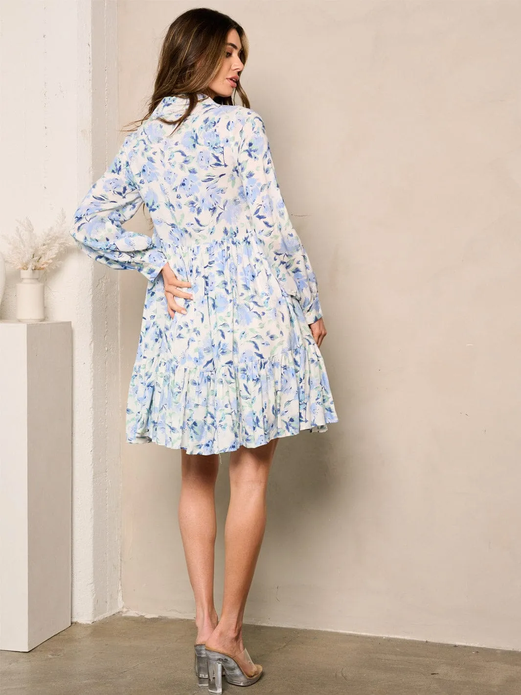 WOMEN'S LONG SLEEVE FLORAL BUTTON UP MINI DRESS