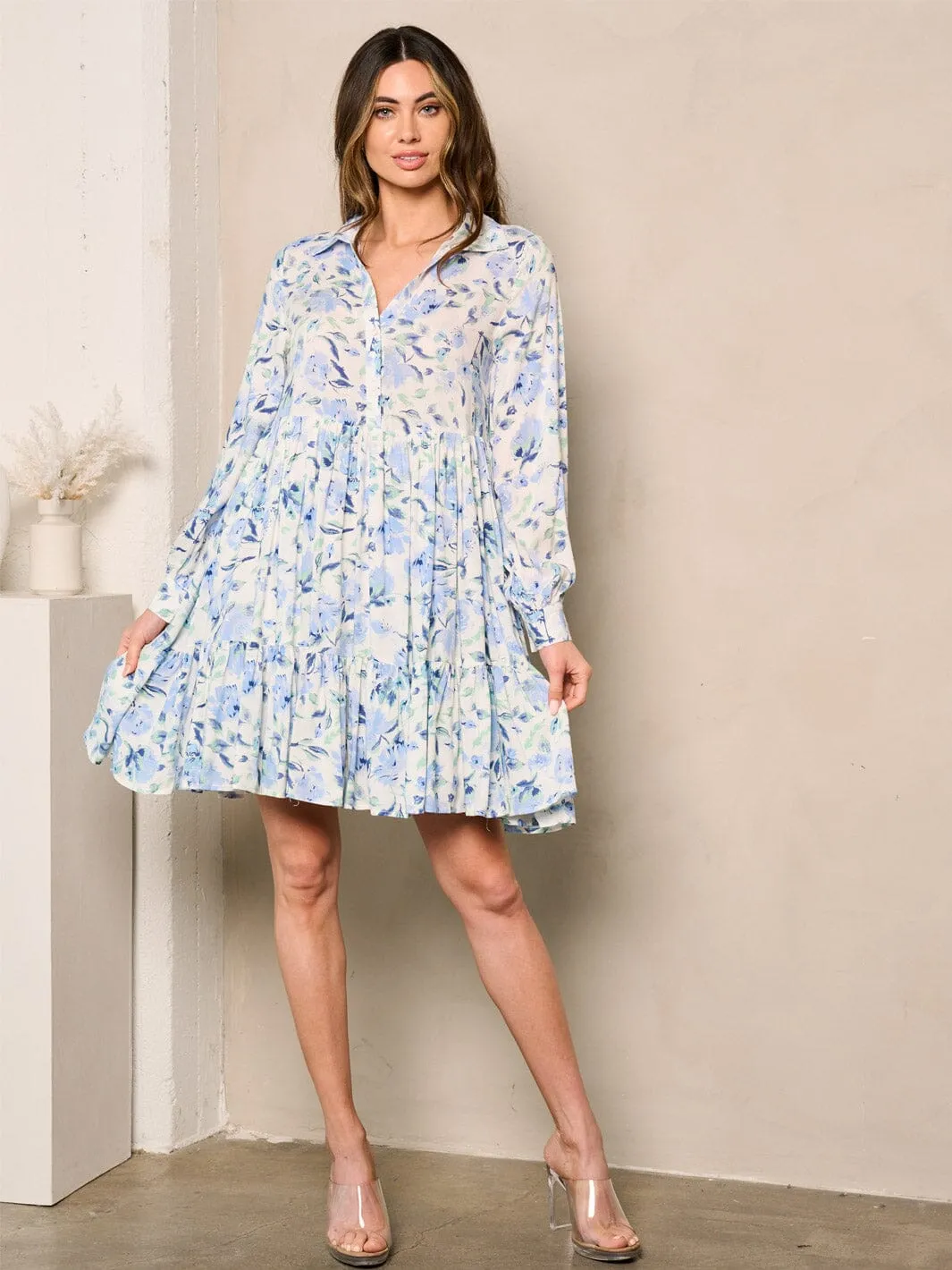 WOMEN'S LONG SLEEVE FLORAL BUTTON UP MINI DRESS
