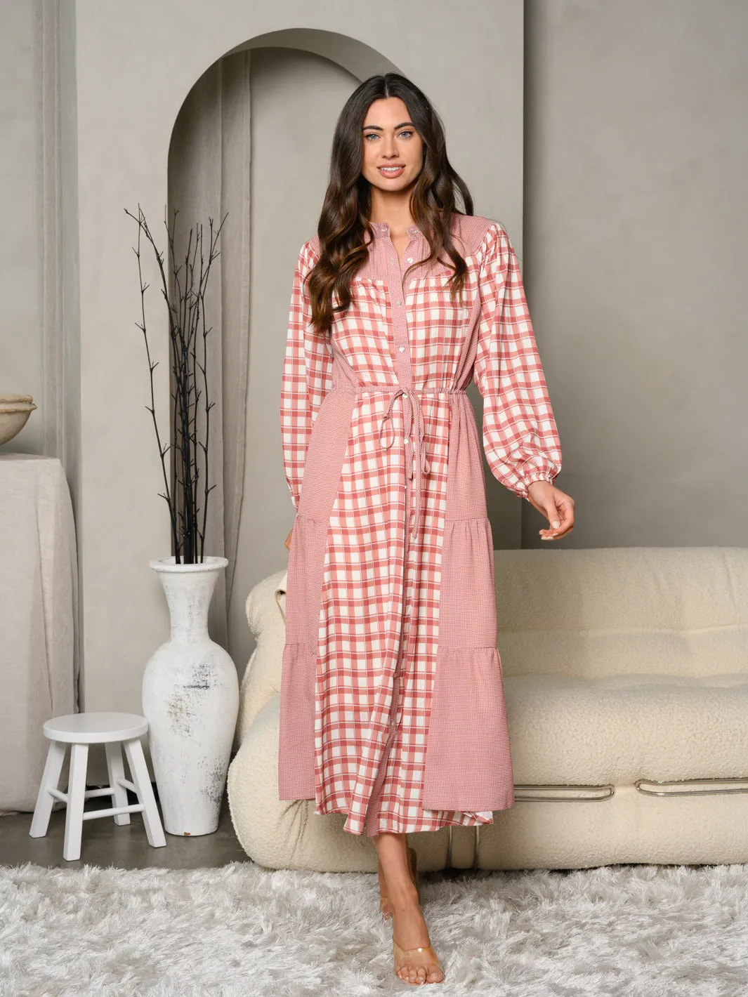 WOMEN'S LONG SLEEVE GINGHAM PLAID PRINT MAXI DRESS