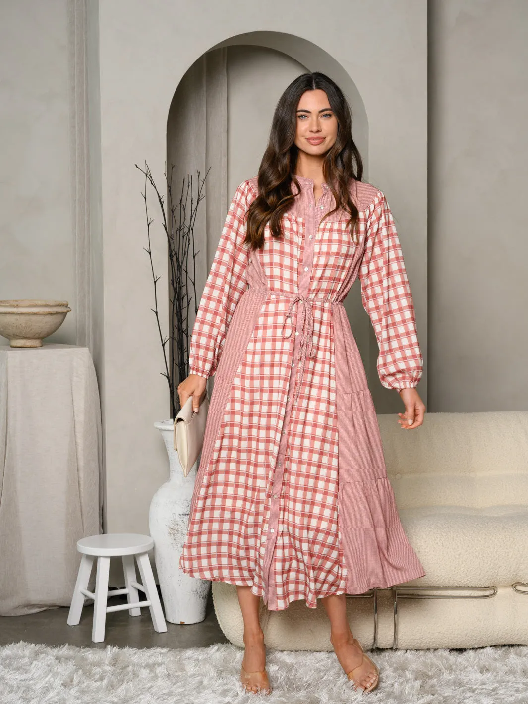WOMEN'S LONG SLEEVE GINGHAM PLAID PRINT MAXI DRESS