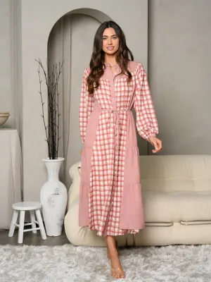 WOMEN'S LONG SLEEVE GINGHAM PLAID PRINT MAXI DRESS