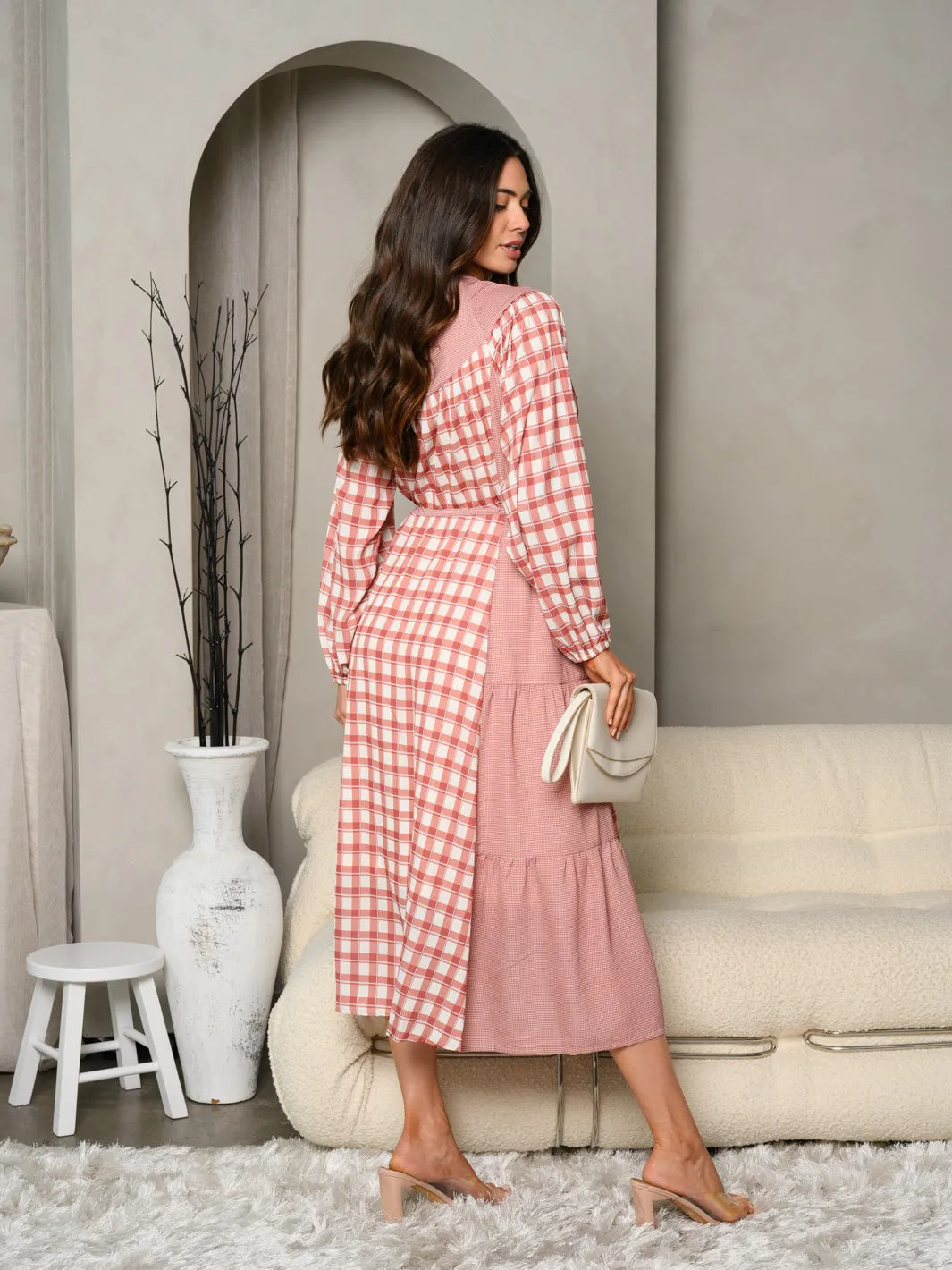 WOMEN'S LONG SLEEVE GINGHAM PLAID PRINT MAXI DRESS