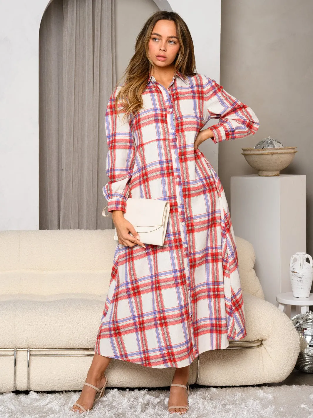 WOMEN'S LONG SLEEVE PLAID BUTTON UP MAXI DRESS